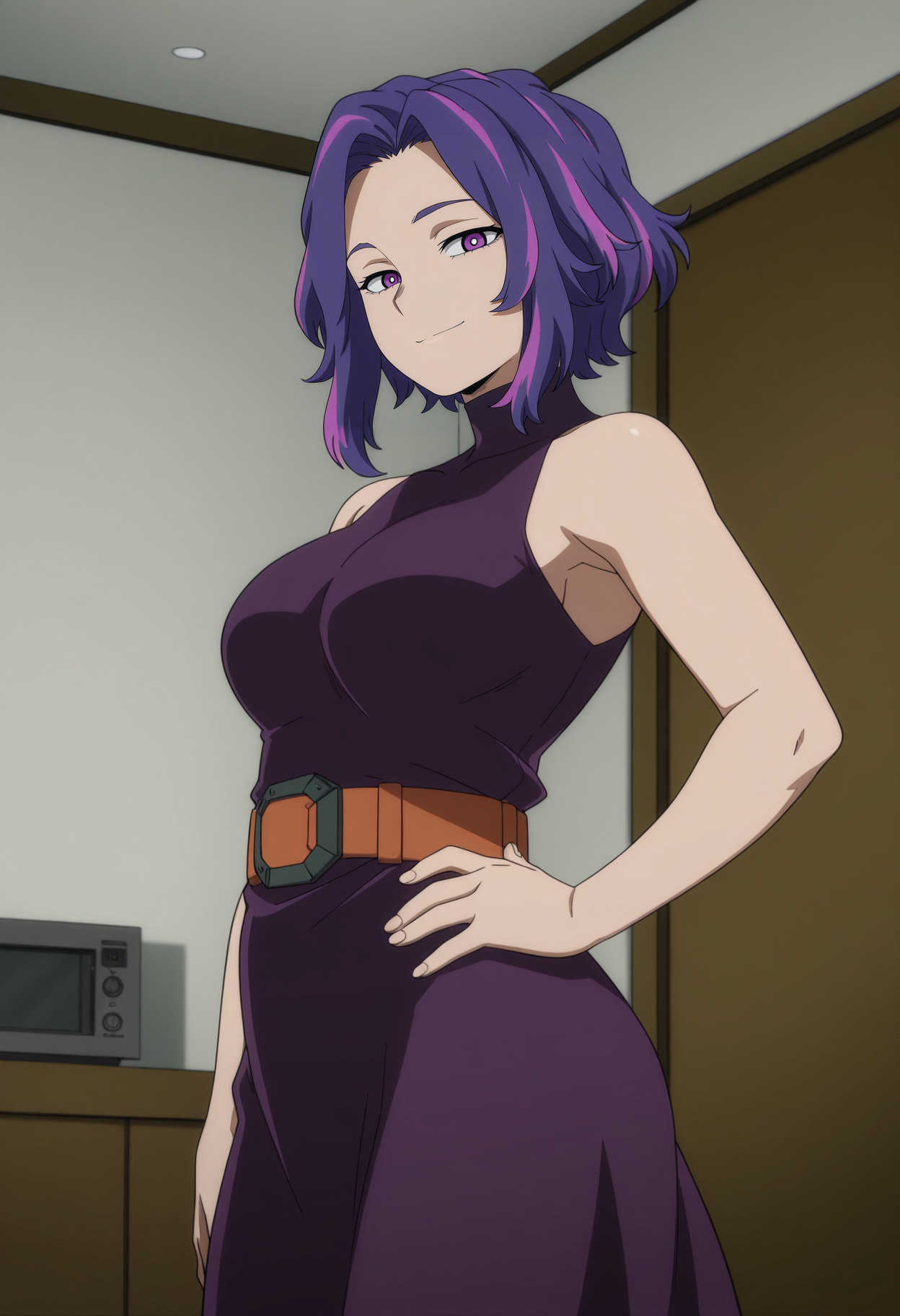 1girl,solo,mm,mature female,purple hair,multicolored hair,short hair,purple eyes,anime coloring,
sleeveless,shirt,belt,skirt,bare shoulders,turtleneck dress,looking at viewer, indoors, smile, hand on own hip, 
,masterpiece,best quality,amazing quality,<lora:Lady_Nagant-My_Hero_Academia:0.8>