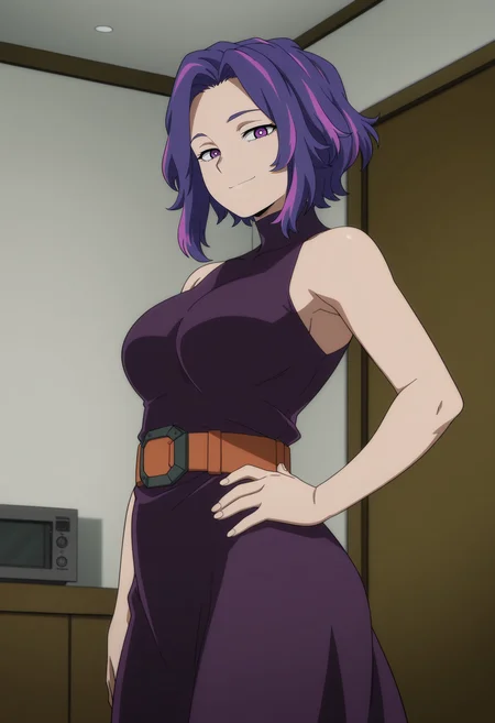 1girl,solo,mm,mature female,purple hair,multicolored hair,short hair,purple eyes,anime coloring,
sleeveless,shirt,belt,skirt,bare shoulders,turtleneck dress,looking at viewer, indoors, smile, hand on own hip,
,masterpiece,best quality,amazing quality,<lora:Lady_Nagant-My_Hero_Academia:0.8>