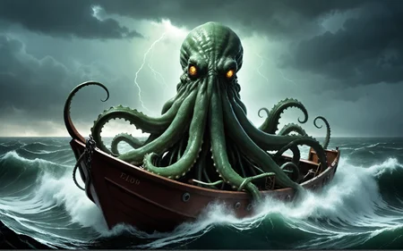 (HP Lovecraft Sea Tentacle Monster, Cthulhu attacks trawling boat), fierce storm raging, chaotic waves crashing, dim light flickering, eerie shadows, subsurface scattering