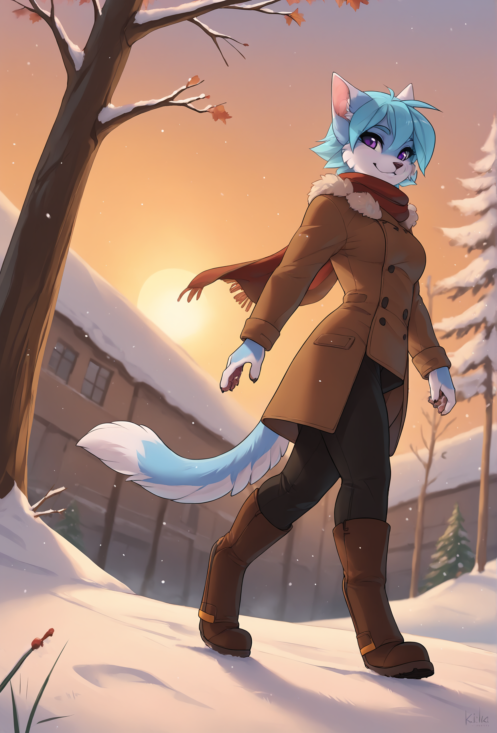 score_9, score_8_up, score_7_up, score_6_up, score_5_up, score_4_up, snow, winter, sunset, depth of field,   BREAK
<lora:vikna_fluffkevlar_ponyXL_v1.3_0.99:1> vikna, 1girl, purple eyes, furry, blue fur, blue hair BREAK
digitigrade, walking, brown coat, fur trim, long sleeves, black pants, brown boots, scarf,( from below, foreshortening:1.1) smile