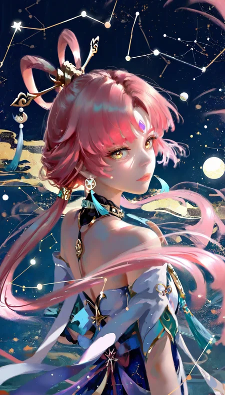 masterpiece, best quality, good quality, very aesthetic, absurdres, newest,wlop, fuxuan\(genshin impact\), 1girl, solo, forehead jewel, long hair, pink hair, hair ornament, bare shoulders, parted bangs, constellation, tassel, bow-shaped hair, dress, hair stick, looking at viewer, tassel hair ornament, parted lips, detached sleeves, jewelry, twintails, yellow eyes, low twintails, earrings, constellation print