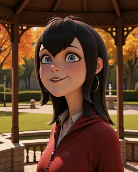 close-up, looking at viewer, outdoors daylight, Relieved with a deep exhale, shoulders dropping, and a soft smile of comfort.
A woman stands under a wooden gazebo in a park, listening to the soft sounds of a nearby fountain as the autumn leaves swirl around her in the breeze. in a dynamic pose
<lora:Hotel_Transilvania_-_Mavis_v2-000030:1> ht-mavis a 20 year old adult woman with blue eyes and black hair. In her iconic outfit