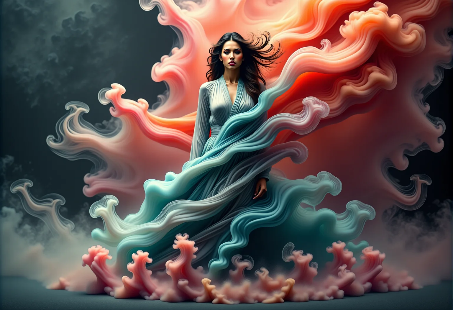 bv-smowormor. The words "Smoke World Morph" prominently displayed, formed from ethereal mist blending smoothly. The text appears hovering above the ground, illuminated by soft light. A human figure fully emerging from swirling smoke. Background is a vibrant backdrop of red and teal mist. Clothing and body are formed from shimmering particles . Facial expression is slightly melancholic, lost in thought. Hairstyle is wavy hair with smoky tips. Figure positioned in an abstract, undefined space with swirling smoke patterns . Pose is standing still, eyes gazing directly at viewer, lower body entirely translucent smoke . Clothing details are robe dissolving at edges into fine mist . Scene elements include mist taking abstract shapes . Style is hyperrealistic with fine smoke details . Lighting is dramatic, with rim lighting emphasizing silhouette. Background smoke-filled with faint hints of abstract geometric shapes. Smoke colors vibrant hues of orange and teal . Additional details faint silhouettes barely visible through smoke . , <lora:bv-smoke-world-morph-1-0.safetensors:1.0:1.0>