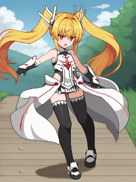 <lora:viopriserenapony:1>,
1girl, solo, serenavp, blonde hair, long hair, twintails, red eyes, hair ornament, armor, bare shoulders, gloves, waist cape, black thighhighs, black footwear, standing, serious, outdoors, open mouth, dynamic pose