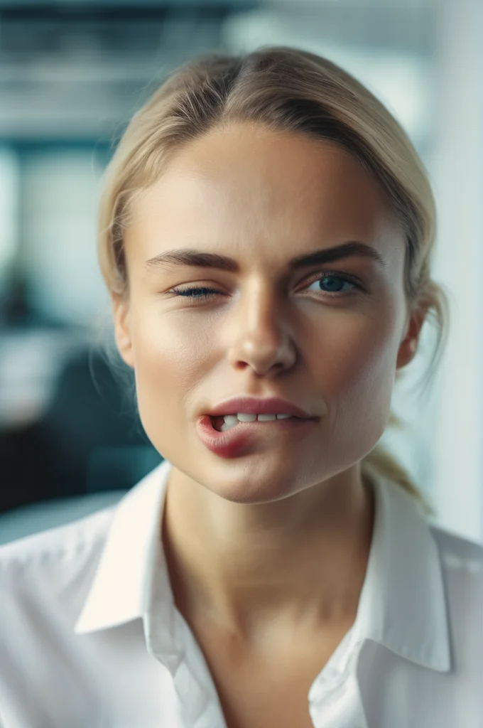 portrait photo of an 20 years old european blonde haired woman sitting in office, \(biting her lips\), \(winks with one eye at viewer\) , 8k, uhd, realistic, detailed skin, insane detailed, Illumination daylight, <lora:makeup_050_cosine_iter2_ 0012_sdxl_10epoches_adafactor-step00006200:1.2>,