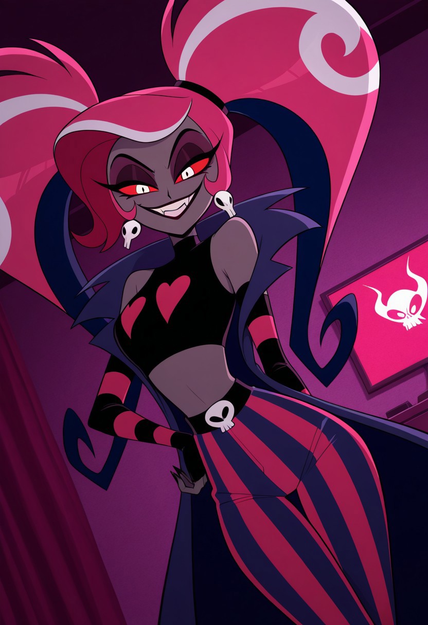 velvette \(hazbin hotel\), velvette, dark eyeshadow, red sclera, pink hair, two-tone hair, twintails, long hair, skull earrings, colored skin, dark skin, fangs, sleeveless dark navy-blue coat, black crop top, bare shoulders, detached sleeves, elbow gloves, fingerless gloves, pants, striped pants
1 girl, , cowboy shot, evil grin inside, bedroom, dutch angle, posing, 
looking at viewer
source_artwork, Screen_cap, Original_artwork, cartoon_art, flat_colors