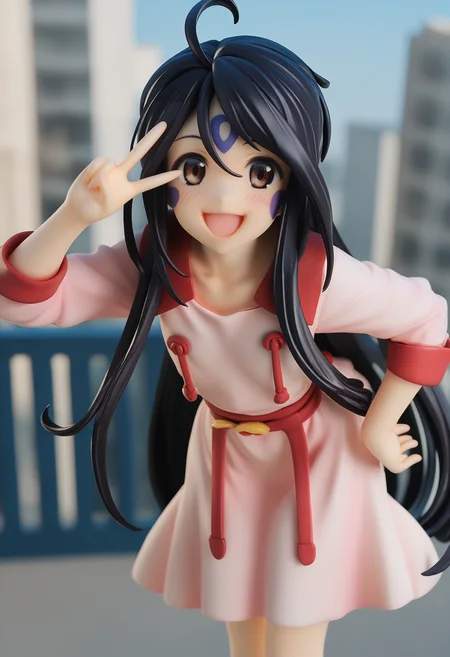 score_9, score_8_up, score_7_up, score_6_up, score_5_up, score_4_up, source_anime, Skuld, looking at viewer, blush, smile, open mouth, open eyes, :d, v, ^_^, facepaint, city <lora:Skuld (1):1>, cowboy shot, pink dress, leaning forward, hand on own hip,