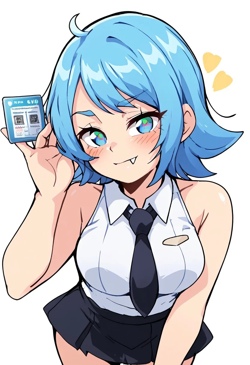 score_9, score_8_up, score_7_up, score_6_up, score_5_up, score_4_up, source_cartoon, <lora:confetti-extract- ponyxl:0.85>, detailed eyes, easynegative, rating_explicit, Expressiveh, 1girl, solo,
boco, gwain saga, deva, blue hair, blue eyes, fang, skirt, shirt, white shirt, necktie, sleeveless, collared shirt, black skirt, sleeveless shirt, black necktie, blush, looking to viewer, close up