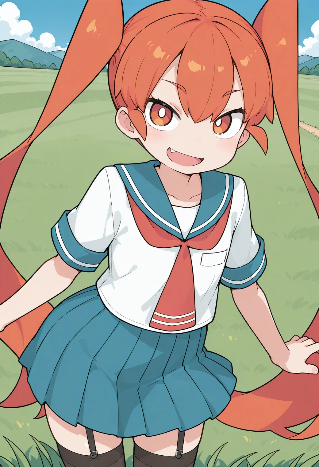 ueno, white pupils, orange eyes, orange hair, long hair, very long hair, twintails, school uniform, serafuku, sailor collar, short sleeves, pleated skirt, garter straps, black thighhighs, <lora:ueno_illustrious_ver1:0.8>
smile, open mouth, fang, masterpiece, best quality, sensitive,, 1girl, solo, blue sky, (grasslands:1.2), looking at viewer,, (cowboy shot, dynamic pose:1.4),
