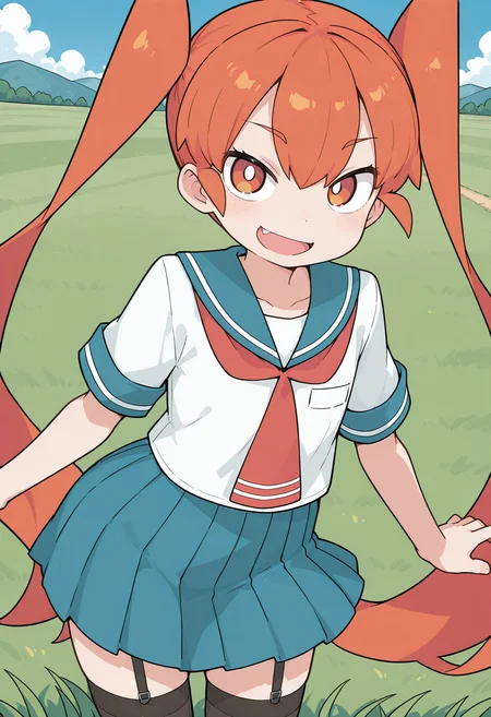 ueno, white pupils, orange eyes, orange hair, long hair, very long hair, twintails, school uniform, serafuku, sailor collar, short sleeves, pleated skirt, garter straps, black thighhighs, <lora:ueno_illustrious_ver1:0.8>
smile, open mouth, fang, masterpiece, best quality, sensitive,, 1girl, solo, blue sky, (grasslands:1.2), looking at viewer,, (cowboy shot, dynamic pose:1.4),