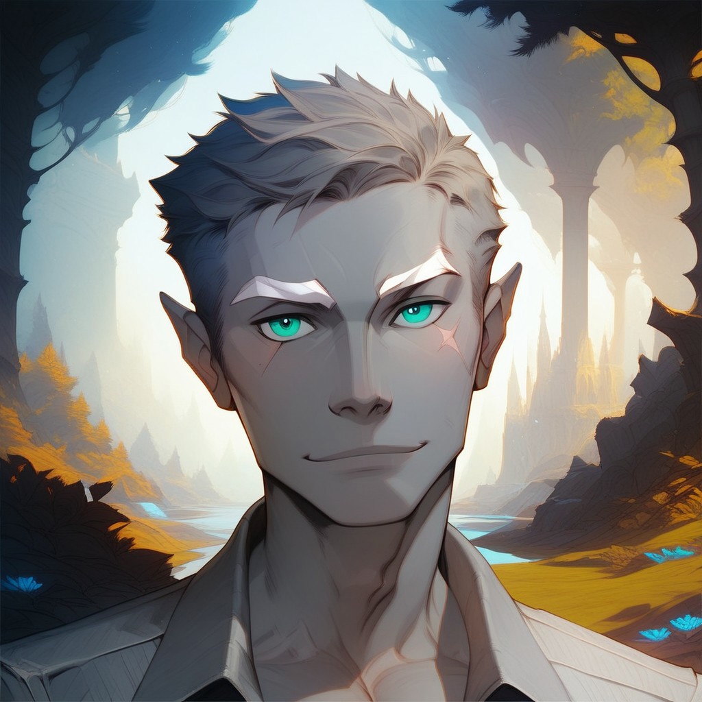 (score_9, score_8_up:1.1), score_7_up, score_9, score_8_up, score_8, score_7_up, dynamic angle, ((full body)), masculine, relaxing, leaning on riverbank, 1boy, solo, sexy, athletic, vox machina style, solo, warlock, fantasy, forest background, (dynamic lighting:1.1) ((masterpiece)), detailed eyes, (((detailed iris))), pupils, perfecteyes, perfect eyes, best quality, ((masterpiece)), sharp cheekbones, gaunt face, defined cheekbones, 28 years old, (adult, mature), hard face, slight smile, ((thin lips)), (half_elf:0.5), dark elf, (((grey skin))), white hair, (((short hair))), professional, (legion haircut), (short cut sides), (short bangs), (((white eyebrows))), light eyebrows, ((((pale grey ((((short)))) tipped ears)))), pointed_ears:0.5, ((short pointed ears)), eyebrow scar on left side of face, cheek scar, ((detailed turquoise eyes))