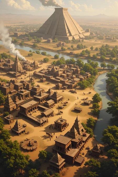 A breathtaking aerial view of humanityâs first great city, built along the banks of a mighty river. Mud-brick homes and early temples of stone rise amidst lush farmland, where workers tend to wheat fields and guide oxen-drawn plows. Smoke curls from the hearths of bustling market stalls, while a towering ziggurat, still under construction, dominates the horizon. In the distance, nomadic tribes on horseback approach, their banners fluttering in the wind, signaling the dawn of diplomacyâor conflict. <lora:aesthetical-000003:0.15><lora:aidmaNSFWunlock-FLUX-PonyStyle-v0.1:0.15><lora:Flux-jijia:0.1><lora:GLSHS:0.6>