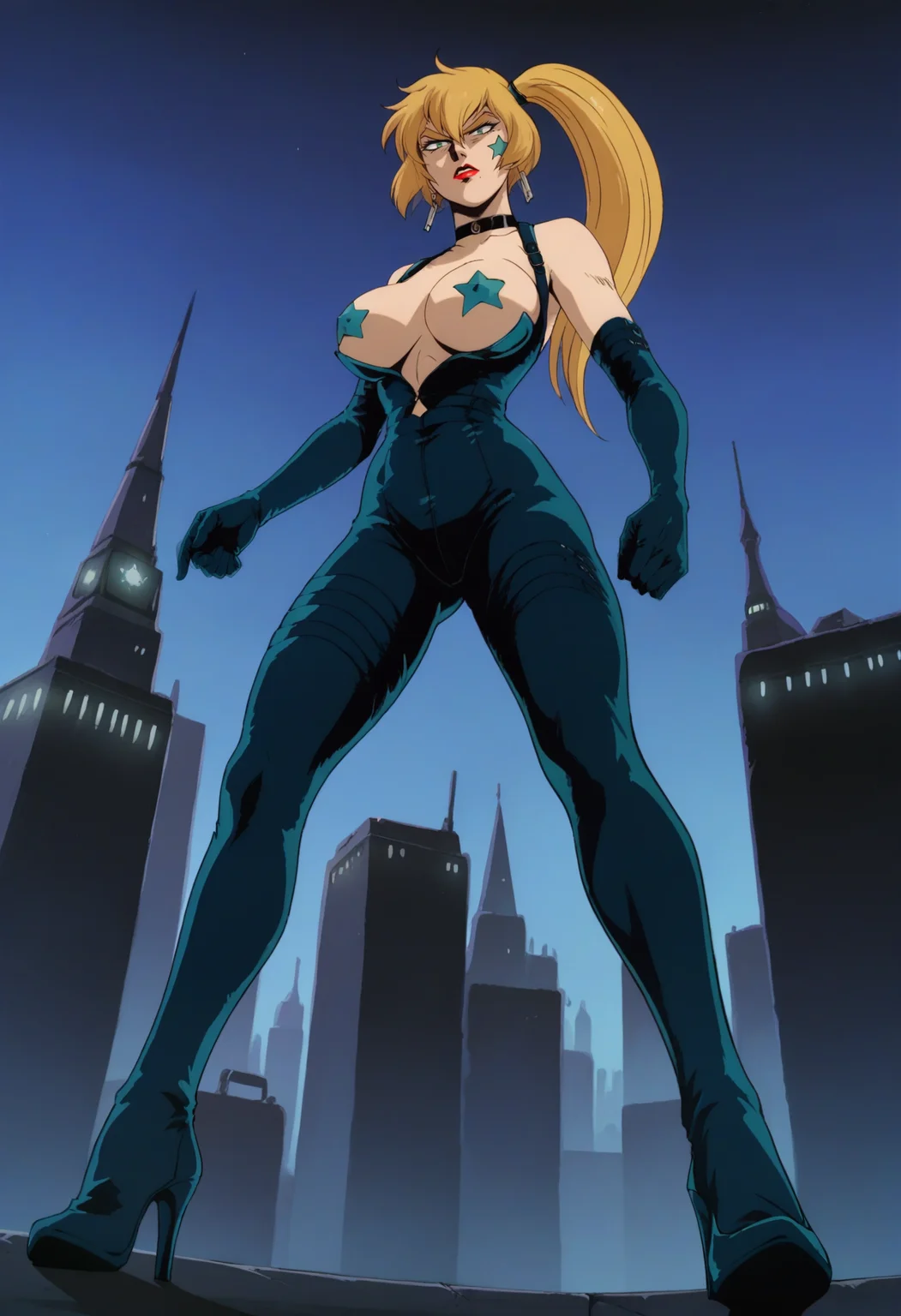 score_9, score_8_up, score_7_up, score_6_up, <lora:SCHDeathStar_epoch_5:0.8>, SCHDeathStar, blonde hair, long hair, thick eyebrows, side ponytail, hair between eyes, green eyes, facial mark, earrings, lipstick, large breasts,
choker, bodysuit, elbow gloves, cleavage, star pasties, high heels, 
from below, legs apart, facing viewer, serious, full body,
BREAK night sky, dark background, cityscape, city lights,