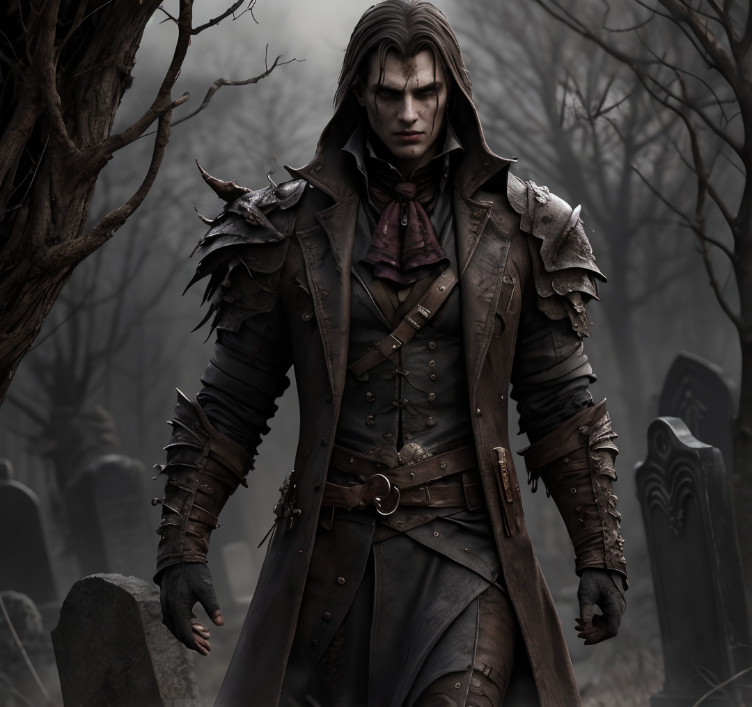 (masterpiece:1.2), (best quality,:1.2), 8k, HDR, ultra detailed, ((photorealistic)), professional light, cinematic lighting, fashion photography, ambient lighting, atmospheric effects, <lora:detail_slider_v4:2>, (DarkFantasy:0.2), a male hunter, wearing a long coat, ascot,  bracers, belt, gothout, <lora:Gothic_Outfit:0.5>,  in a dark and sinister gothic graveyard, iron fence, open graves, darkness, <lora:Darkness-10:0.6>,  <lora:zoom_slider_v1:2>, (Style-Necromancy:0.5), epiCPhoto5