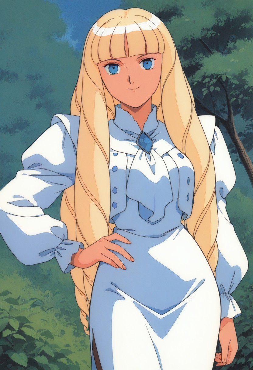 score_9, score_8_up, score_7_up, source_anime,masterpiece, best quality, retro_artstyle, 1990s_\(style\),official art,perfect_anatomy,1girl,1girl, Kihel, blue_eyes, blonde_hair, blunt_bangs, long_hair, long_dress, puffy_sleeves,looking at viewer,(detailed face and eyes,happy,smile),(cowboy shot,hand on hip,pantyhose:1.2),close to viewer,outdoor,wood