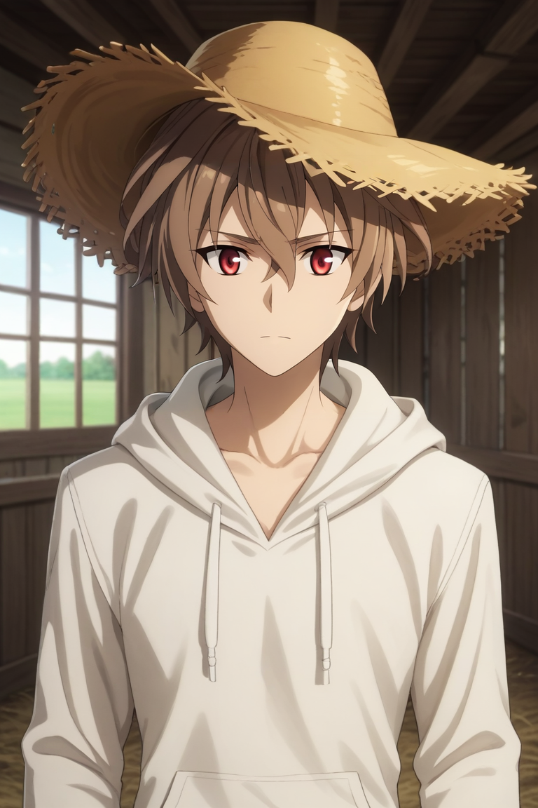 score_9, score_8_up, score_7_up, source_anime, rating_safe, intricate details, anime screencap, anime coloring, official style, , depth of field, 1boy, solo, male focus, <lora:sieg_fate_apocrypha_pony:0.82>, sieg_fate_apocrypha, brown hair, red eyes, short hair, hair between eyes, bangs, ahoge, wide angle, wide shot, cowboy shot, farm, plantation, indoors, knees up, nervous, hoodie, straw hat, <lora:sdxl_lightning_8step_lora:1>