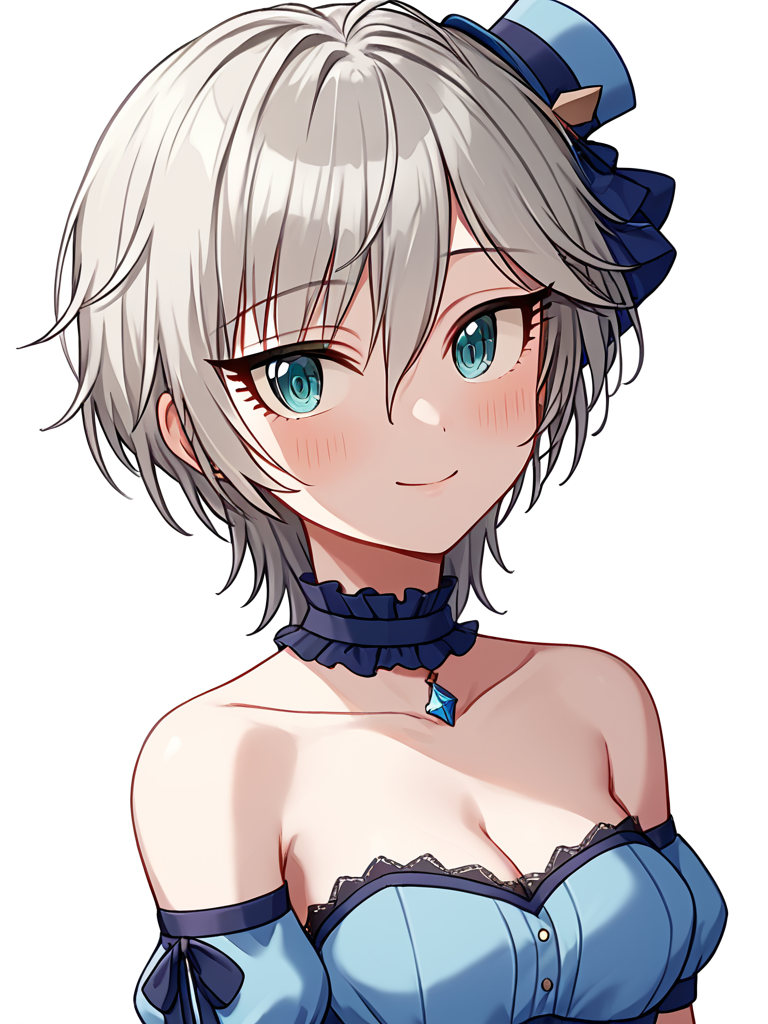 score_9,score_8_up,score_7_up, <lora:idolmaster_cinderella_all:1>ï¼1girl, anastasia (idolmaster), aqua eyes, bare shoulders, blue choker, blue dress, blue hat, blush, cleavage, collarbone, detached sleeves, frilled choker, grey hair, hair between eyes, halter dress, lace-trimmed dress, looking at viewer, medium breasts, mini hat, pendant, short hair, simple background, smile, solo, upper body, white background
