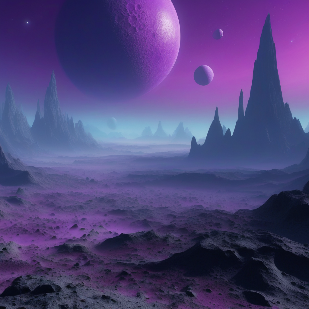Create a hyper-realistic alien landscape on a distant planet with several moons orbiting above. The terrain consists of jagged mountains and deep valleys covered in an ethereal blue mist. Above, multiple large moons and planets hover in the sky, each casting unique shadows on the terrain. The light from a distant, bright purple star casts a soft glow across the horizon, creating a surreal yet believable atmosphere, where alien terrain and cosmic elements blend seamlessly.