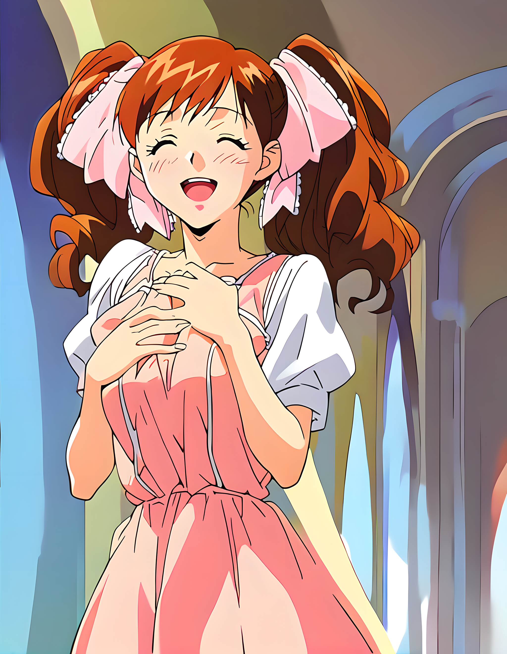 <lora:pony_xl_asahina:0.8>,asahina,score_9,score_8_up,score_7_up,source_anime,1girl,looking at viewer,;d,laughing,light_blush,dress,pink dress,short sleeves,indoor,villa,hands_on_own_chest,