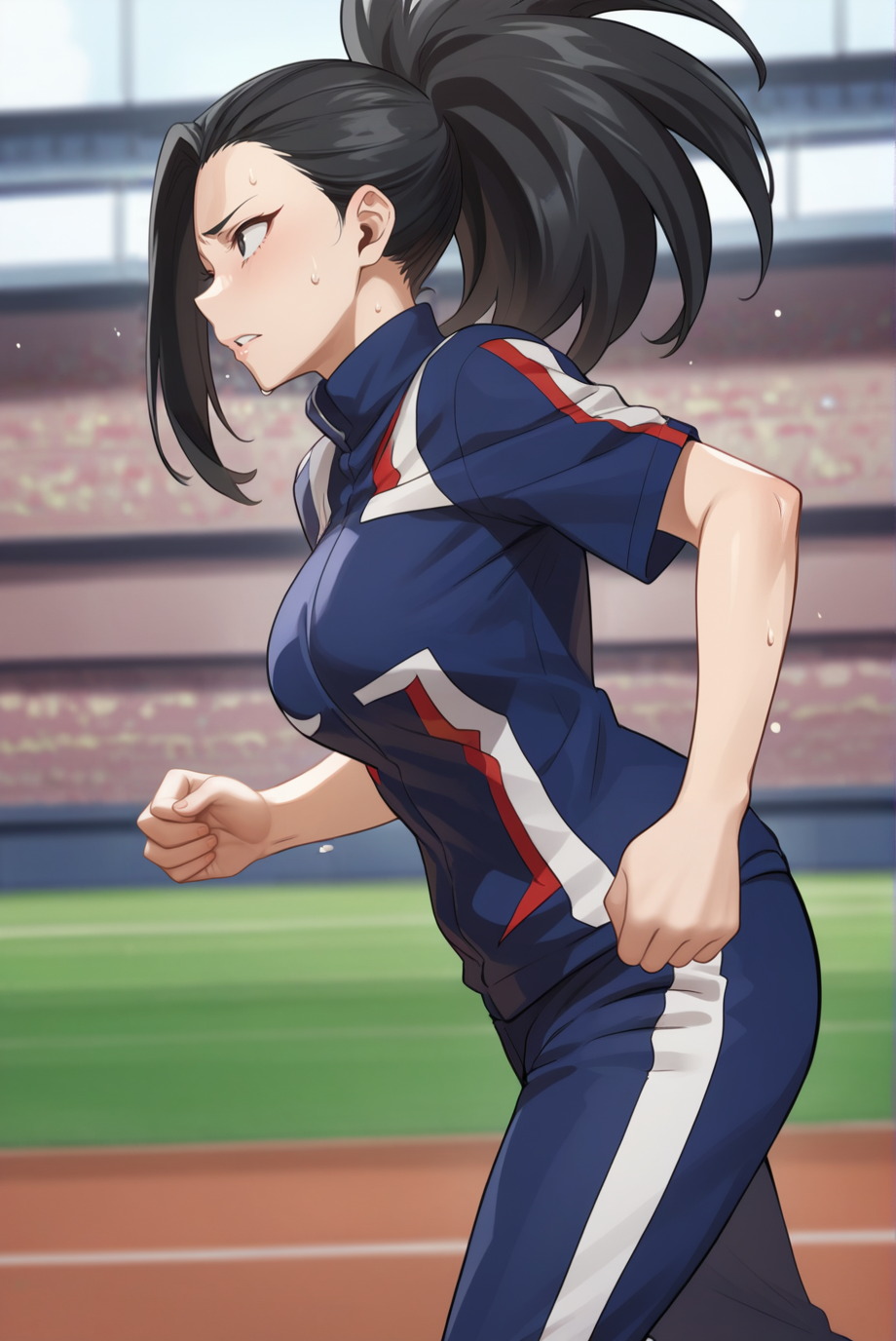 score_9, score_8_up, score_7_up, score_6_up, score_5_up, score_4_up, BREAK source_anime, 1girl, solo,
<lora:MomoYaoyorozuXL-v1-07:0.7>, ChopioYaoyorozu, long hair, black hair, wide ponytail, asymmetrical bangs, black eyes,
[medium breasts : large breasts: 10], breasts apart, (wide hips:0.7),
outfit_5, blue tracksuit, track jacket, short sleeves, track pants,
stadium, athletics track, running, from side, sweat, sweatdrop, parted lips,