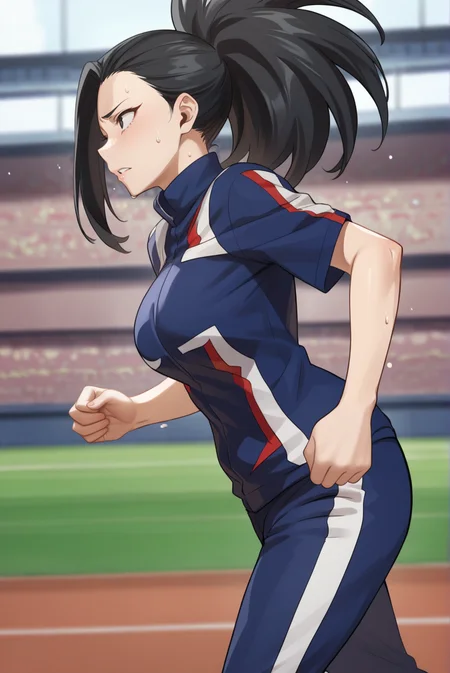 score_9, score_8_up, score_7_up, score_6_up, score_5_up, score_4_up, BREAK source_anime, 1girl, solo,
<lora:MomoYaoyorozuXL-v1-07:0.7>, ChopioYaoyorozu, long hair, black hair, wide ponytail, asymmetrical bangs, black eyes,
[medium breasts : large breasts: 10], breasts apart, (wide hips:0.7),
outfit_5, blue tracksuit, track jacket, short sleeves, track pants,
stadium, athletics track, running, from side, sweat, sweatdrop, parted lips,