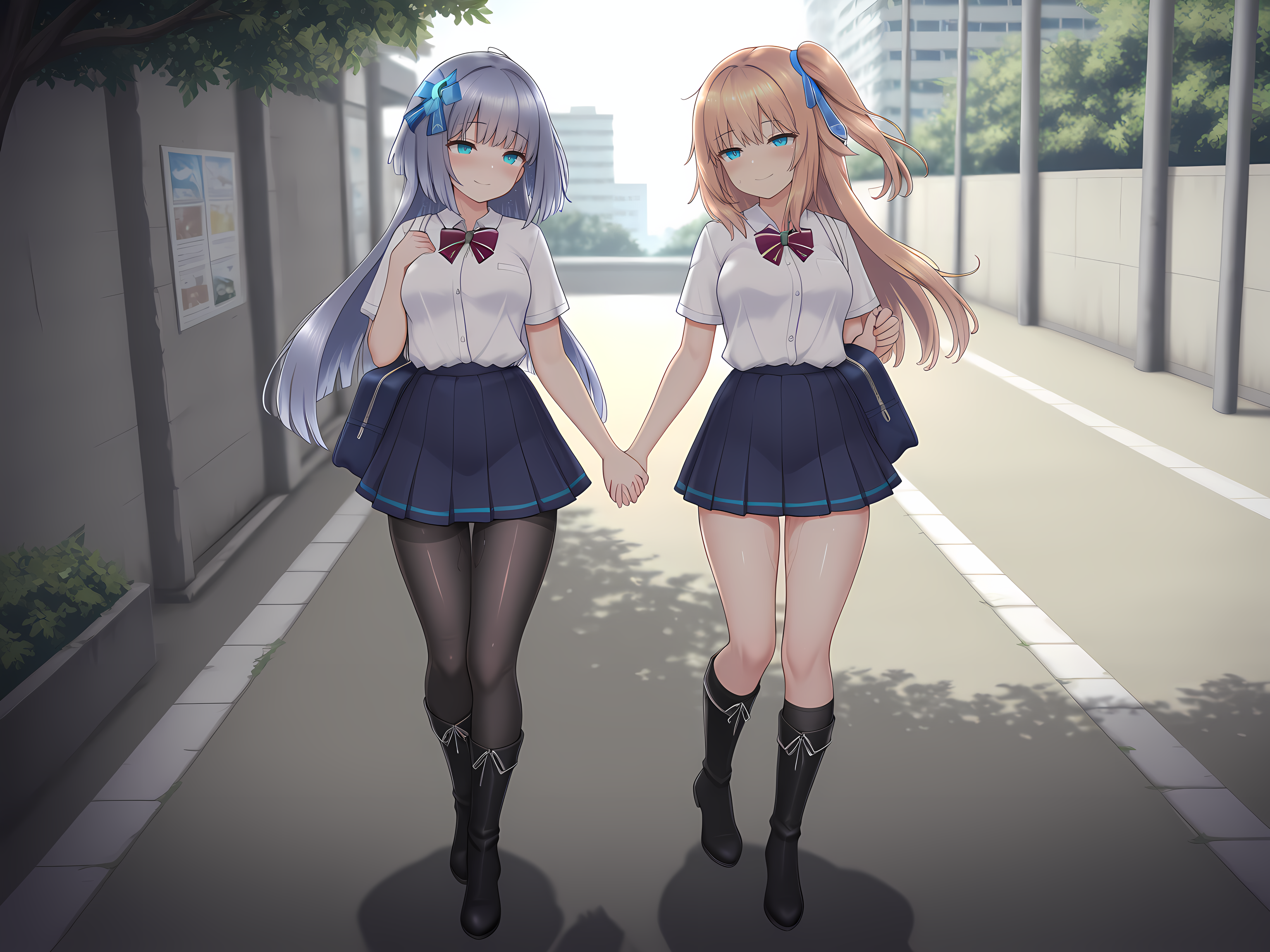 2girls,selenoxia,celesphonia,school outfit,holding hands,smile,celesphonia,outdoors,boots,<lora:Celesphonia_and_Selenoxia:0.8>,, masterpiece,best quality,amazing quality,