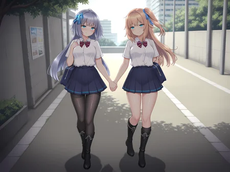 2girls,selenoxia,celesphonia,school outfit,holding hands,smile,celesphonia,outdoors,boots,<lora:Celesphonia_and_Selenoxia:0.8>,, masterpiece,best quality,amazing quality,