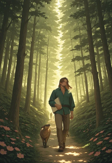 1boy, mbti_infp, mature man, long brown hair, green eyes, walking through forest, sunlight, dappled light, sketchbook, looking at flowers, serene, calm, aesthetic, nature, detailed background, highres, masterpiece, best quality