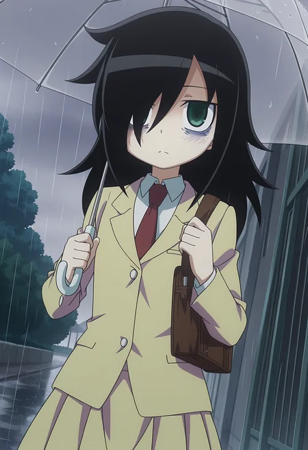 detailed background, official style,anime coloring, (anime screencap) masterpiece, detailed face,1girl  <lora:Tomoko_Kuroki:0.8>Tomoko,bags under eyes, solo, black hair, school uniform, umbrella, rain, hair over one eye, necktie, green eyes, long hair, blazer, bag, dutch angle,