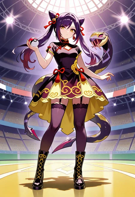 (masterpiece, best quality, high quality, highres), very awa, highres, absurdres, intricate detailed,
genshin impact,
1girl, seviper, solo, full body, standing,
warped by snake, holding pokeball,
magical girl, Chinese dress, complex outfit,
red dress, (dark purple black dress:1.3), (mustard yellow dress:1.1), ribbons, lace, multicolored dress, ornament on dress, stockings, lace-up boots,
arena background,
