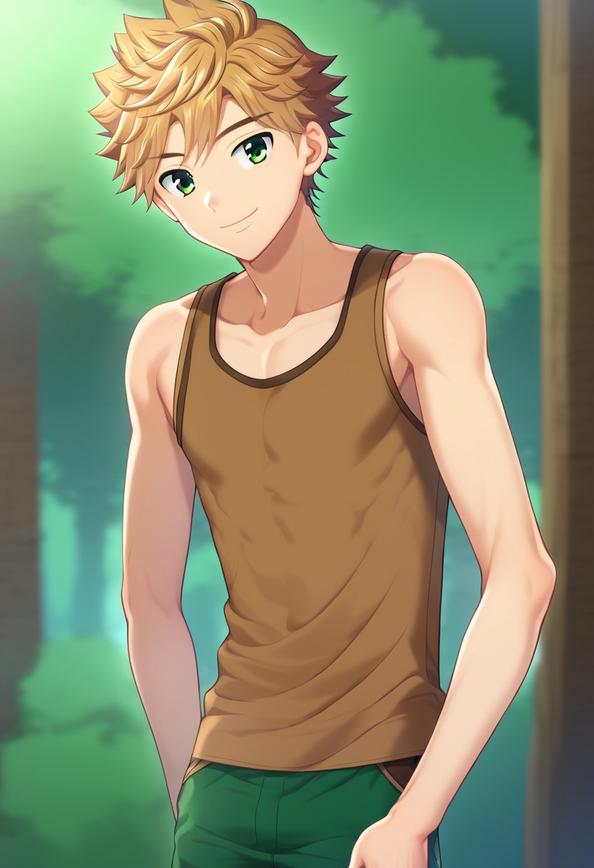 hikarishi_kenji, blond hair, short hair, bangs, green eyes, 1boy, (solo:1.20), solo focus, character with (athletic body:1.1), (balanced:1.2), brown tank top, wear black trunk, smile, proportional body, strong lower body, handfixer