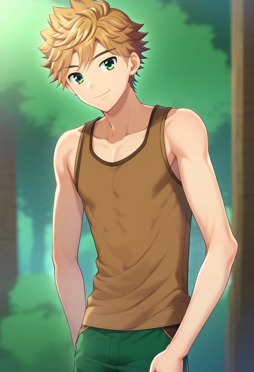 hikarishi_kenji, blond hair, short hair, bangs, green eyes, 1boy, (solo:1.20), solo focus, character with (athletic body:1.1), (balanced:1.2), brown tank top, wear black trunk, smile, proportional body, strong lower body, handfixer