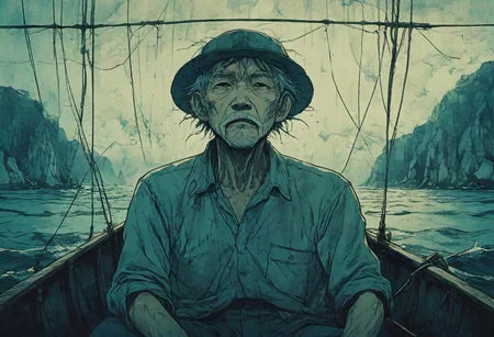 dark manga of sky view above panoramic view, an old man's face view front view in a rowboat motoring on a dangerous raging sea<lora:Dark_Anime:0.8>
