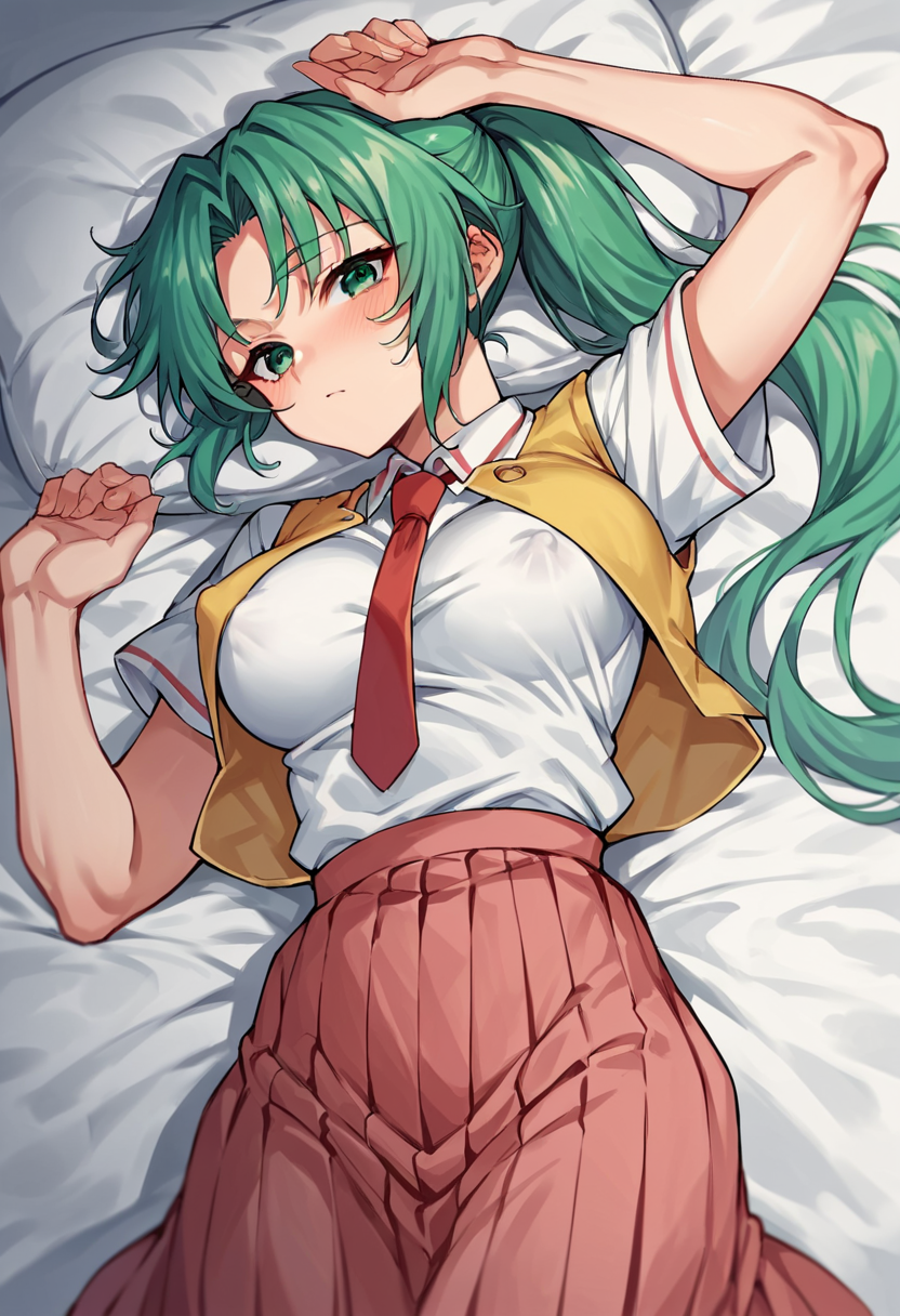 score_9, score_8_up, score_7_up, score_6_up, score_5_up, score_4_up, source_anime,   Mion Sonozaki, green eyes, ponytail, white shirt, red necktie, yellow vest, red skirt, lying on bed, covered erect nipples  <lora:MionPonyN-000016:1>,