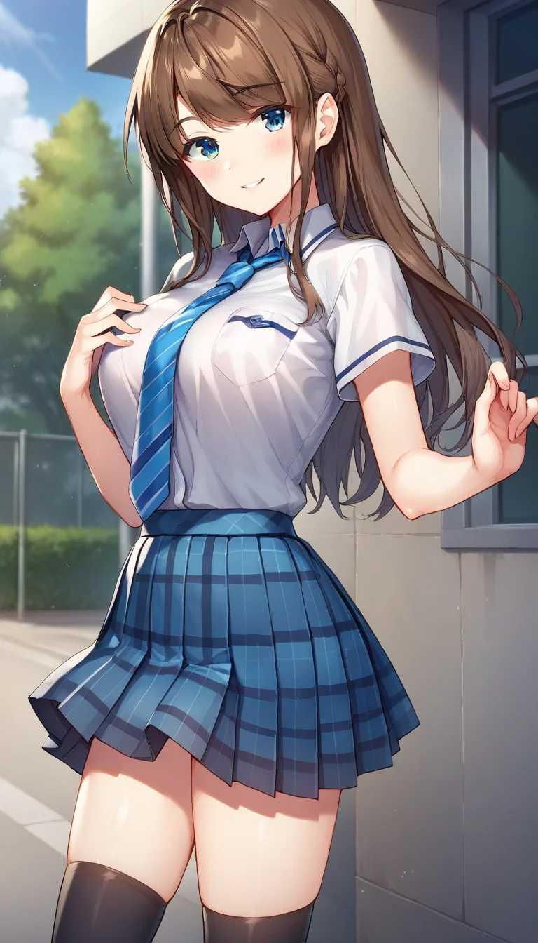 score_9,score_8_up,score_7_up,score_6_up BREAK official art,solo,outdoors,cowboy shot,looking at viewer,facing viewer,smile,blush,Suzumori Satsuki,long hair,brown hair,braid,sidelocks,diagonal bangs,blue eyes,school uniform,white shirt,collared shirt,dress shirt,breast pocket,blue necktie,diagonal-striped necktie,plaid necktie,short sleeves,large breasts,shirt tucked in,blue skirt,pleated skirt,plaid skirt,black socks,loafers,brown footwear,<lora:Suzumori Satsuki(am)-Pony:1.2>,