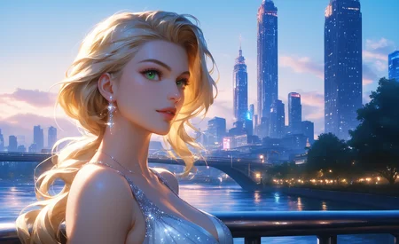 1880s adult Victorian wife mother with long blonde hair worn out and full,wearing light clothes,full lips and a soft face and large green eyes,score_9,score_8_up,score_7_up,, <lora:skyline-Pony:0.8>,sky,city,lights,night,building,tower,scenery,bridge,architecture,cityscape,skyline,outdoors,skyscraper,background,street,humans,river,cloud,painting,tree,water,