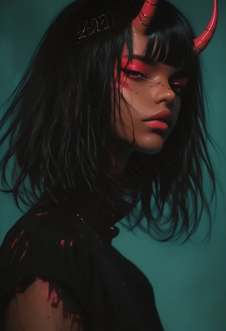 detailed, realistic, photorealstic,nj \(aura\), ,by ibuki satsuki, sexy, slutty, hot, aroused, BAMF-Illu, dark skin,
Aka-Oni, oni,,horns, neon horns, medium hair, wolf cut, fingers through hair,, depth, profile, glint, hair flip, foreshortening, glitch art, abstract composition, ink style, ligne claire, outline, vibrant, very awa, masterpiece, best quality, high quality, newest, recent, year 2024, absurdres, clean lines, shinydark_fantasy_style, dark fantasy, retro,