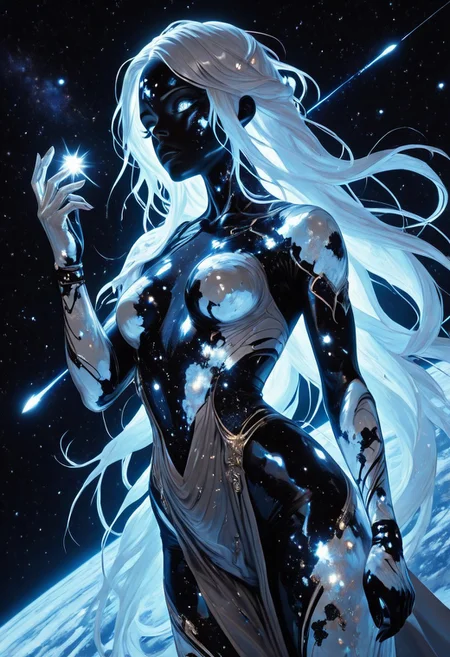 highres, very detailed, amazing quality, masterpiece,
very aesthetic, sp4ce-g0dd3ss
particle effect,
1girl, solo, beautiful eyes, goddess, goddes of constellations, black skin, sparkly skin, glitter on skin, iridescent hair, glowing hair, very long braids, strong face, solo, eyes with galaxies, cosmos eyes, Covered in Tattoos, geometric tattoos, white tattoos, small breasts, curvy, grey robe with pearlescent trim,
BREAK,
greek theme, goddess theme, universe theme,
looking at hand, extends hand, (planet in hand, miniature planet in hand), tough pose, foreshortening, dutch angle,
loving, content, tender,
in cosmos, universe, endless stars around her, galaxies, comets, nebulae