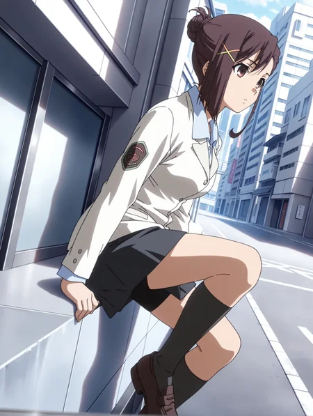 masterpiece,best quality,newest,
1girl,solo,
anime screencap,<lora:sakurai_kanade_ilxl_v1.0>,brown hair,single hair bun,x hair ornament,brown eyes,short hair,
k_clothes,uniform,white jacket,shirt,black skirt,black shorts under skirt,black socks,loafers,
<lora:Fixhands_anime_bdsqlsz_V1:1>,city,expressionless,looking_away,voyeur,