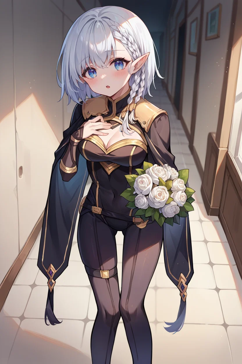 score_9, score_8_up, score_7_up, score_6_up, source_anime, 1girl, solo <lora:beta-pdxl-nvwls-v1-000005:1> beta, white hair, braid, pointy ears, black cape, black bodysuit, black leggings, open mouth, blush, hand to own chest, holding bouquet, hallway, looking at you
