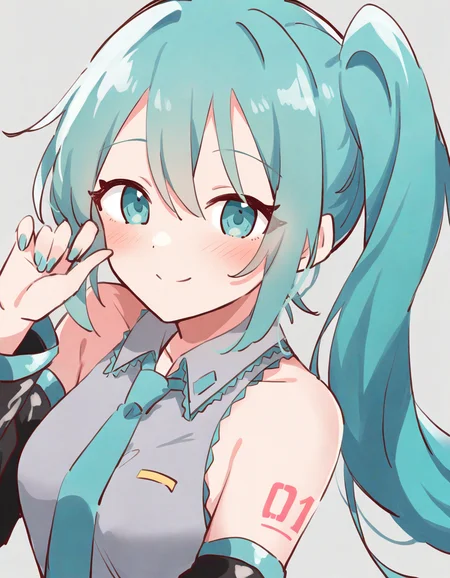 <lora:ruiruika>,1girl,hatsune miku,vocaloid,alternate hairstyle,aqua eyes,aqua hair,aqua nails,aqua necktie,aqua trim,arm at side,bare shoulders,black sleeves,breasts,closed mouth,collarbone,collared shirt,detached sleeves,dot nose,eyelashes,eyes visible through hair,film grain,fingernails,grey background,grey shirt,hair between eyes,hand up,long hair,medium breasts,meme,necktie,open hand,scene reference,shirt,side ponytail,simple background,sleeveless,smile,solo,split mouth,upper body,very long hair,wing collar,blush,looking at viewer,nail polish,sleeveless shirt,sidelocks,hair over shoulder,, masterpiece, best quality, very aesthetic, absurdres,newest, incredibly absurdres,