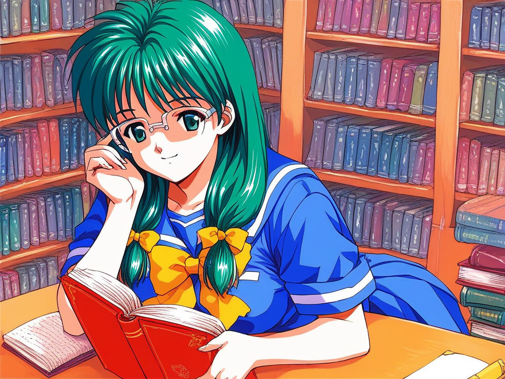 score_9, score_8_up, score_7_up, source_anime, rating_explicit, BREAK  <lora:Kisaragi_Mio_XL:1> Kisaragi_Mio, long hair,  green hair,  glasses,  green eyes, hair over shoulder, low-tied long hair,  medium breasts, 1990s \(style\),  solo,
 school uniform, book, smile, bow, serafuku, sailor collar, yellow bow, reading,
library,
