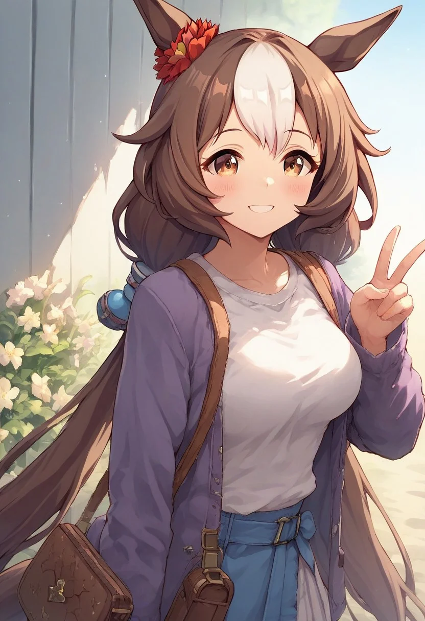 score_9,score_8_up,score_7_up, Expressiveh, 1girl, solo, yamanin_zephyr_(umamusume), 1girl, solo, bangs, two-tone hair, very long hair, low twintails, horse girl, horse ears, brown hair, white hair, long hair, breasts, medium breasts, brown eyes, flower, horse tail, purple jacket, white shirt, casual wears, bag, close up, smile, cute face, happy, blush, v, close up, photograph, cowboy shot, dutch angle,