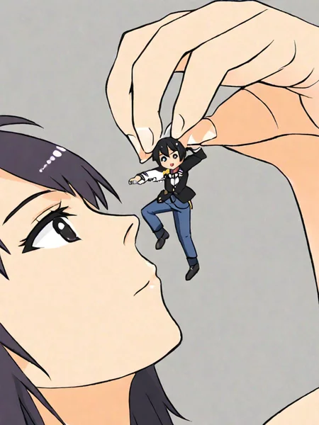 zgts, giantess, microphilia, 1tiny, pinching, dangling <lora:zgts-megamix:1> a woman holding a tiny man, anime