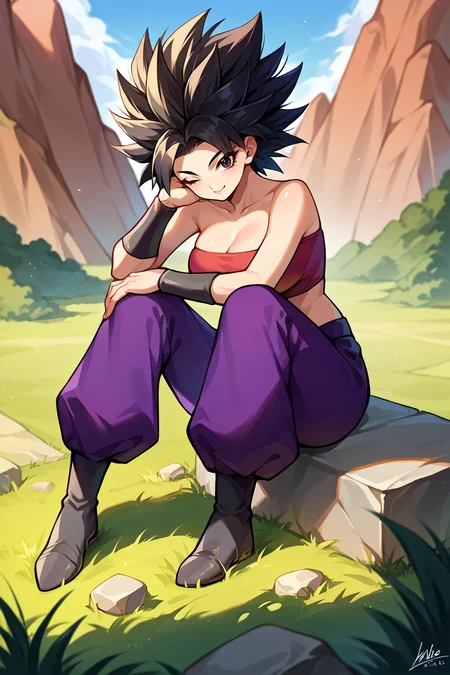 score_9, score_8_up, score_7_up, score_6_up, source_anime, 1girl, solo, <lora:caulifla-pdxl-nvwls-v1-000007:1> defCal, black hair, black eyes, tube top, midriff, purple pants, bracers, black shoes, sitting on the ground, big breasts, wink, looking at you, knees up, holding own knees, field, mountains