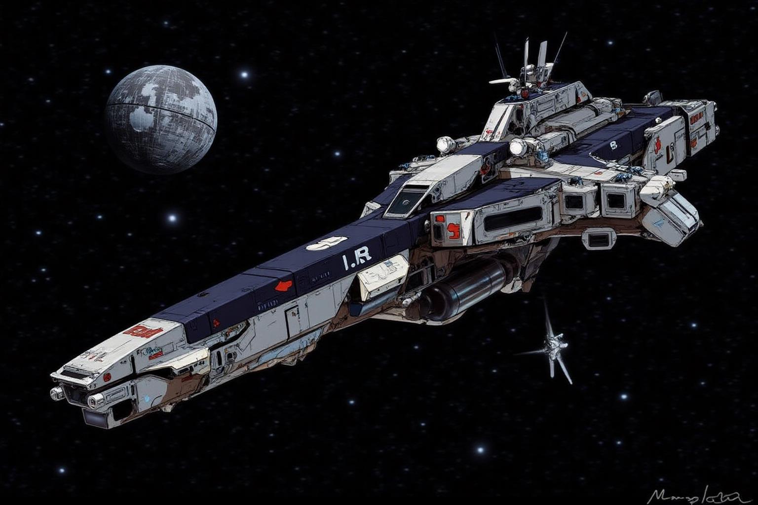 m9cha illustration.
 A futuristic, high-tech mothership or spacecraft, resembling a large, angular aircraft carrier, hovering in deep space. The spacecraft, painted in a mix of dark blue, silver, and white, has numerous antennas, sensors, and various equipment visible on its surface. It has a sleek, aerodynamic design with a long, pointed nose and a wide, flat bottom. 
The Star Wars Death Star is in the background. <lora:macmecha1_cap_d6a3e11:1.0><lora:820689618287617604:0>
