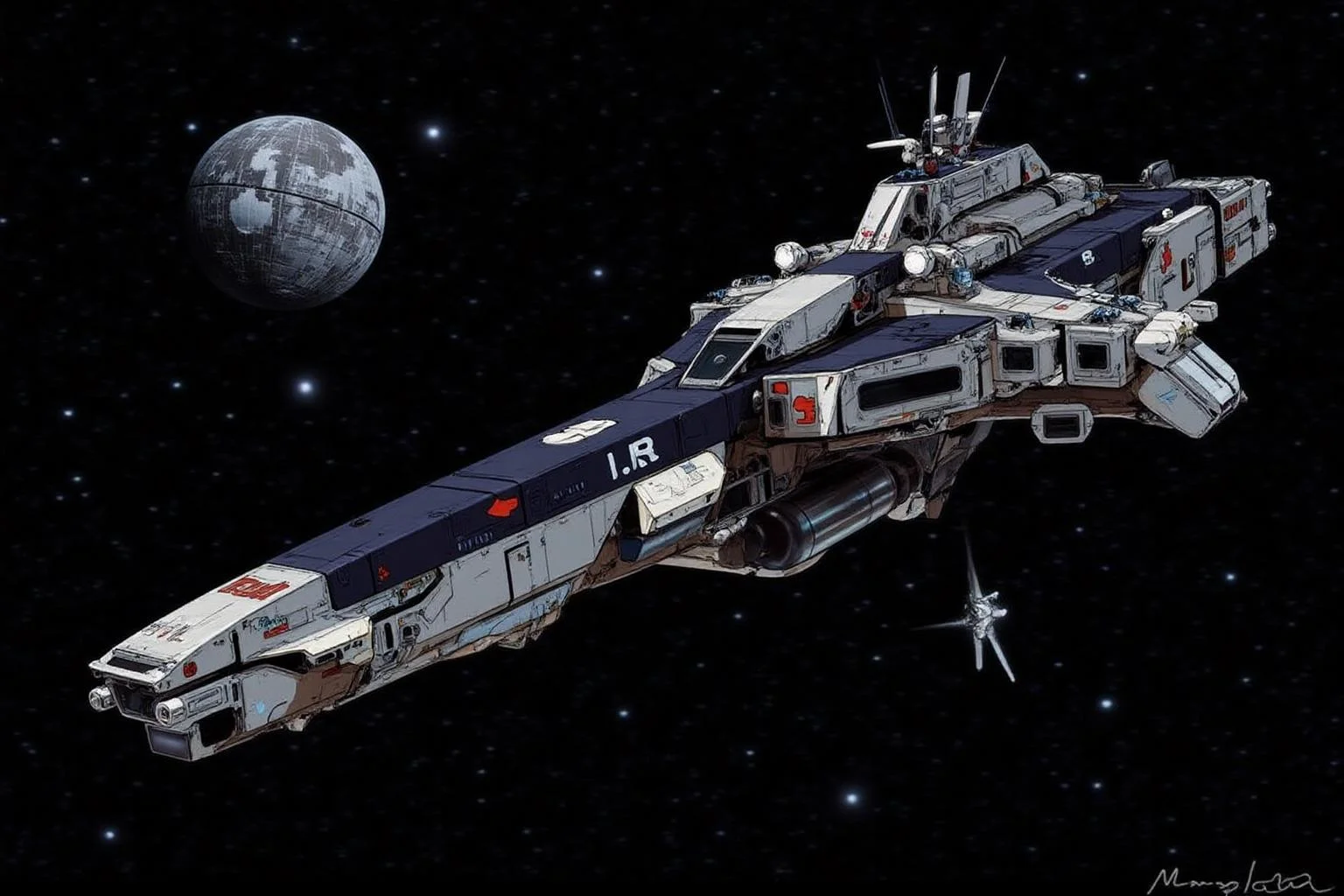 m9cha illustration.
 A futuristic, high-tech mothership or spacecraft, resembling a large, angular aircraft carrier, hovering in deep space. The spacecraft, painted in a mix of dark blue, silver, and white, has numerous antennas, sensors, and various equipment visible on its surface. It has a sleek, aerodynamic design with a long, pointed nose and a wide, flat bottom. 
The Star Wars Death Star is in the background. <lora:macmecha1_cap_d6a3e11:1.0><lora:820689618287617604:0>