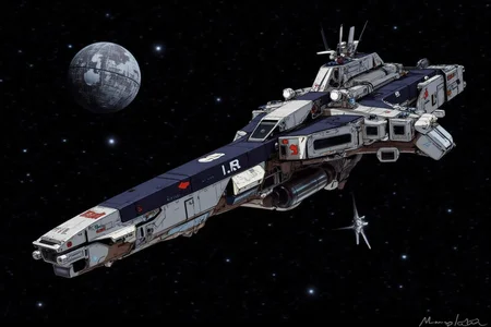 m9cha illustration.
A futuristic, high-tech mothership or spacecraft, resembling a large, angular aircraft carrier, hovering in deep space. The spacecraft, painted in a mix of dark blue, silver, and white, has numerous antennas, sensors, and various equipment visible on its surface. It has a sleek, aerodynamic design with a long, pointed nose and a wide, flat bottom.
The Star Wars Death Star is in the background. <lora:macmecha1_cap_d6a3e11:1.0><lora:820689618287617604:0>