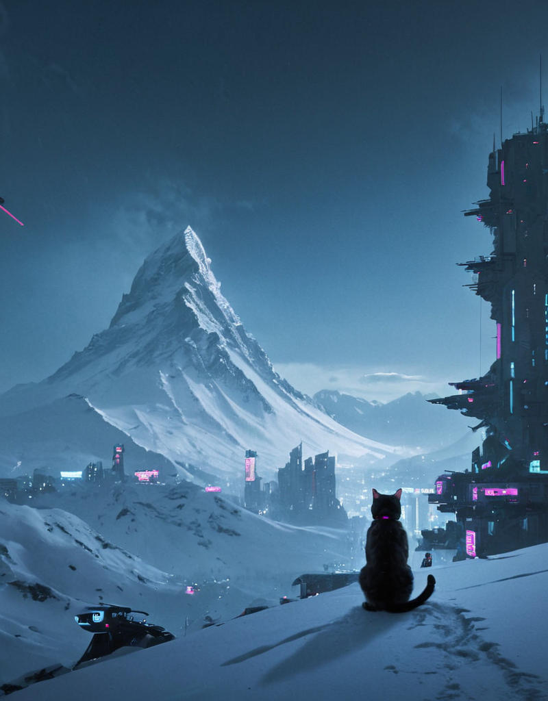 <lora:Space_Worlds_01__Poetic_xl:0.7> sw01p_xl, cat on cyberpunk snow mountain,