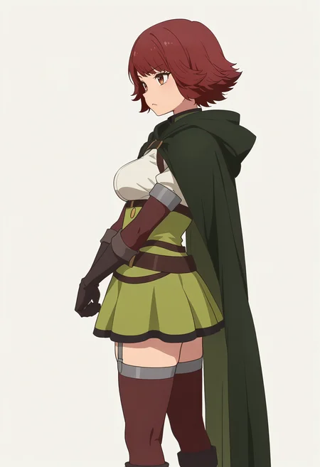 Smooth Quality,masterpiece,very intricate, high quality details, ultra realistic, high detailed skin,detailed enviorement,
white background, simple background,
from side,standing pose, arms akimbo, feet slightly apart, determined expression, balanced posture, ,:<,
<lora:Byleri_Cinabrio:0.8> byleri/cnn, 1girl,short hair, brown hair, brown eyes, red hair, white shirt, green skirt, thighhighs, cloak, cape, belt, elbow gloves, garter straps,boots,